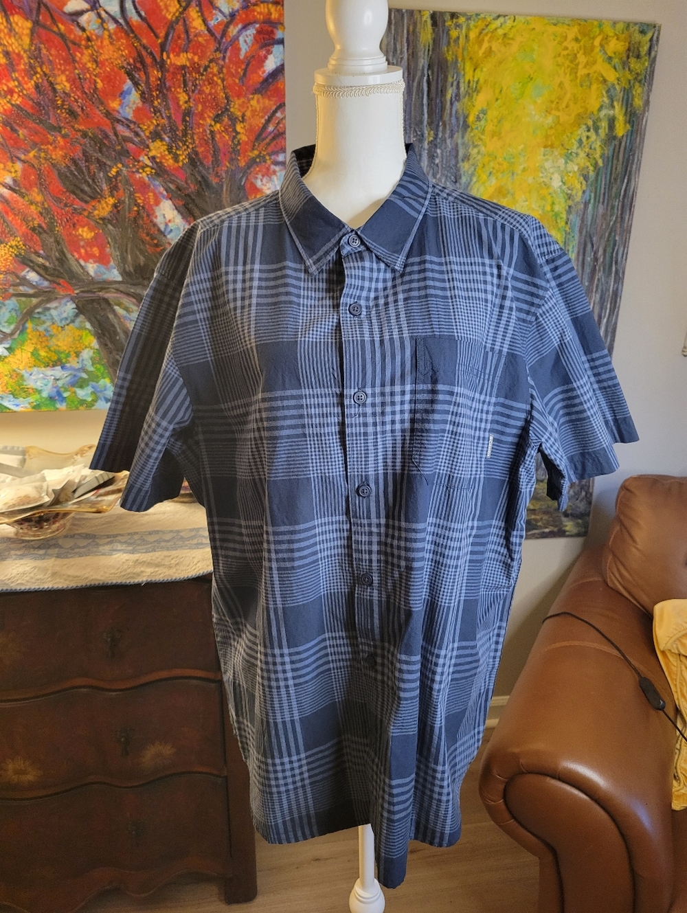 Columbia Men's Navy and Light Blue Plaid Button-Down Shirt